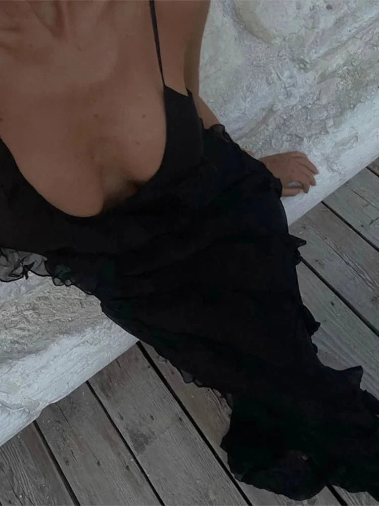 Black Ruffle Hem Maxi Dresses