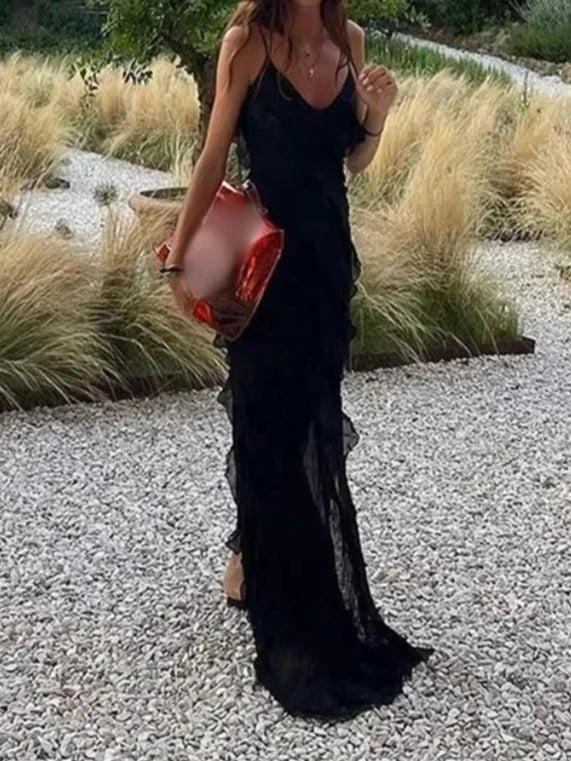 Black Ruffle Hem Maxi Dresses