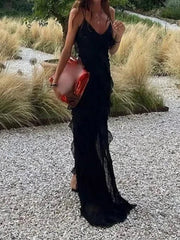 Black Ruffle Hem Maxi Dresses