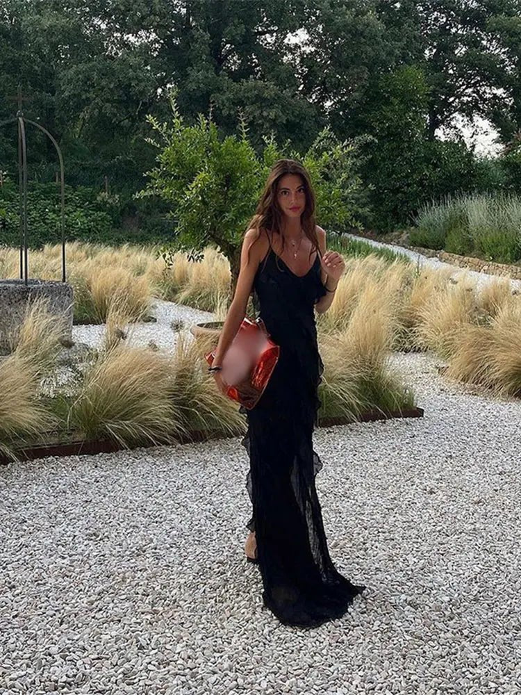 Black Ruffle Hem Maxi Dresses