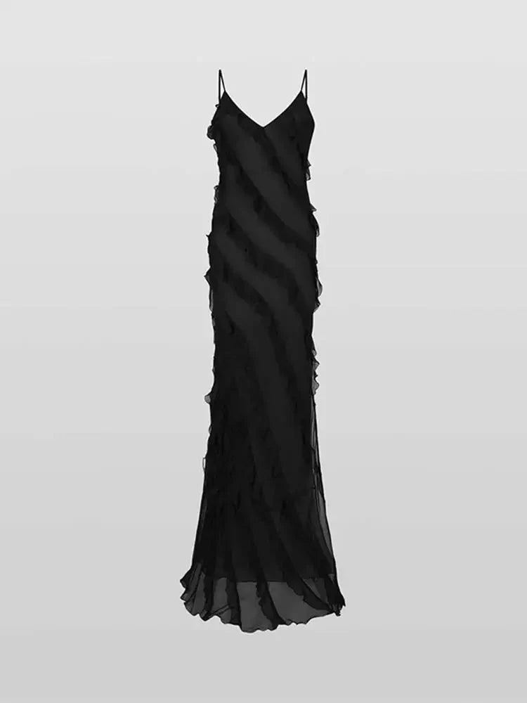 Black Ruffle Hem Maxi Dresses