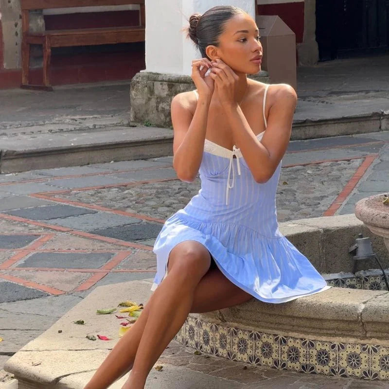 Blue Striped High Waist Mini Dress
