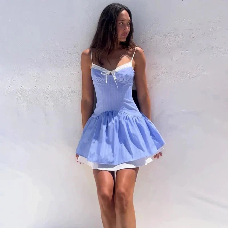 Blue Striped High Waist Mini Dress