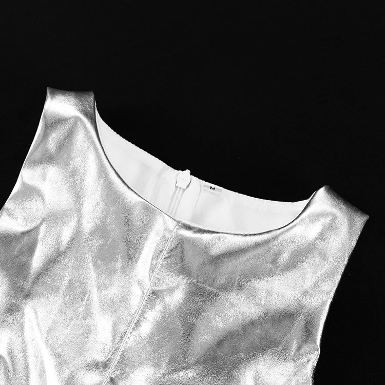 Bodycon Sliver Pu Leather O-Neck Sleeveless Mini Dresses