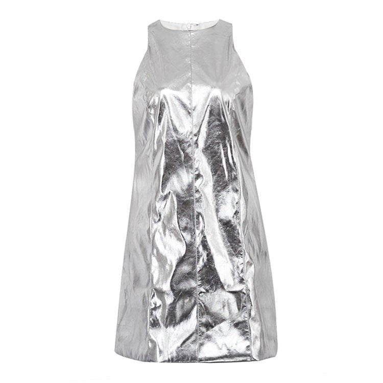 Bodycon Sliver Pu Leather O-Neck Sleeveless Mini Dresses