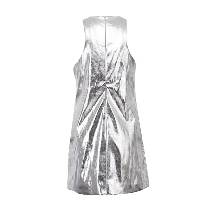 Bodycon Sliver Pu Leather O-Neck Sleeveless Mini Dresses