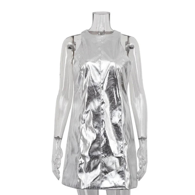 Bodycon Sliver Pu Leather O-Neck Sleeveless Mini Dresses