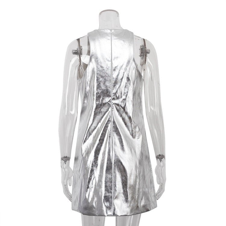 Bodycon Sliver Pu Leather O-Neck Sleeveless Mini Dresses
