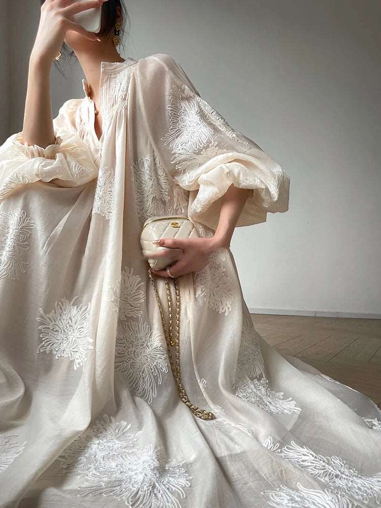 Boho Embroidery Lantern Sleeve Vintage Dress