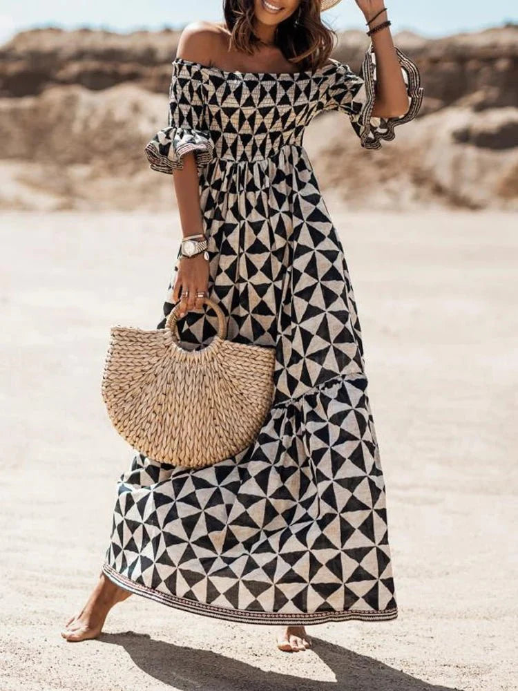 Boho Off-Shoulder A-Line Beach Dress