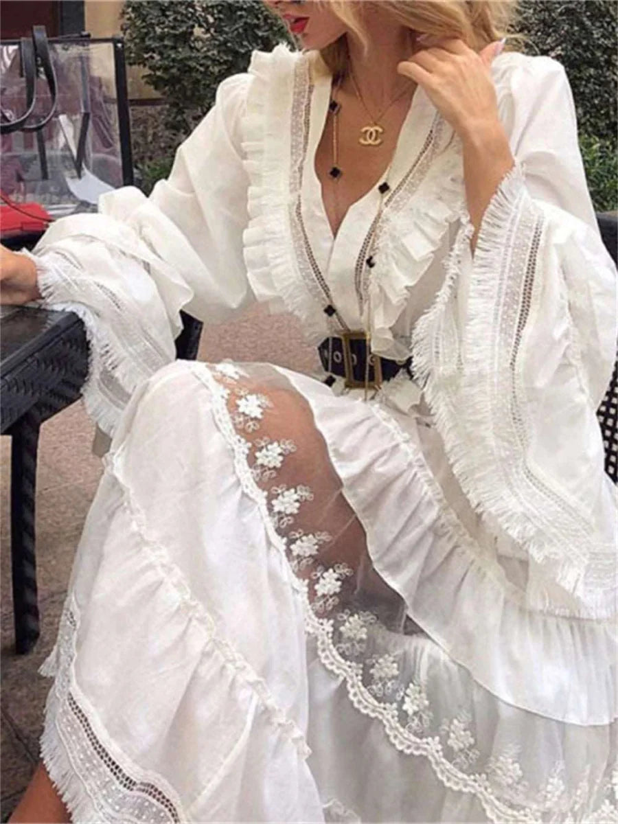 Boho V Neck Lace Patchwork Noble Elegant Evening Party Night Dress