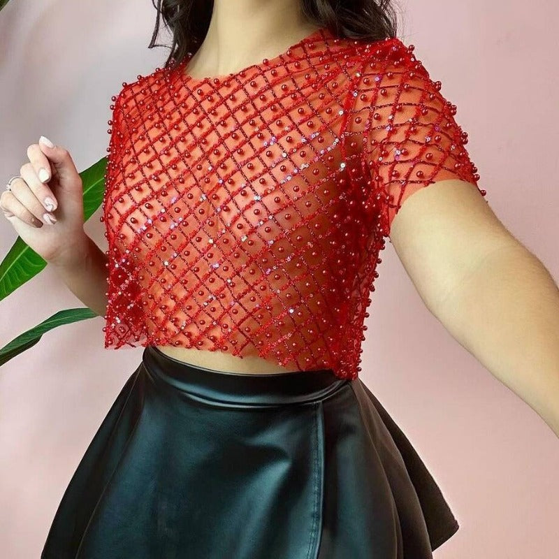 Pydshop Mesh Splice Sequins Cover-up Women Sexy See Through Short Sleeve Crop Tops Ladies 2024 Party Beach Shirts Cover Up FemmeChristmas Gifts