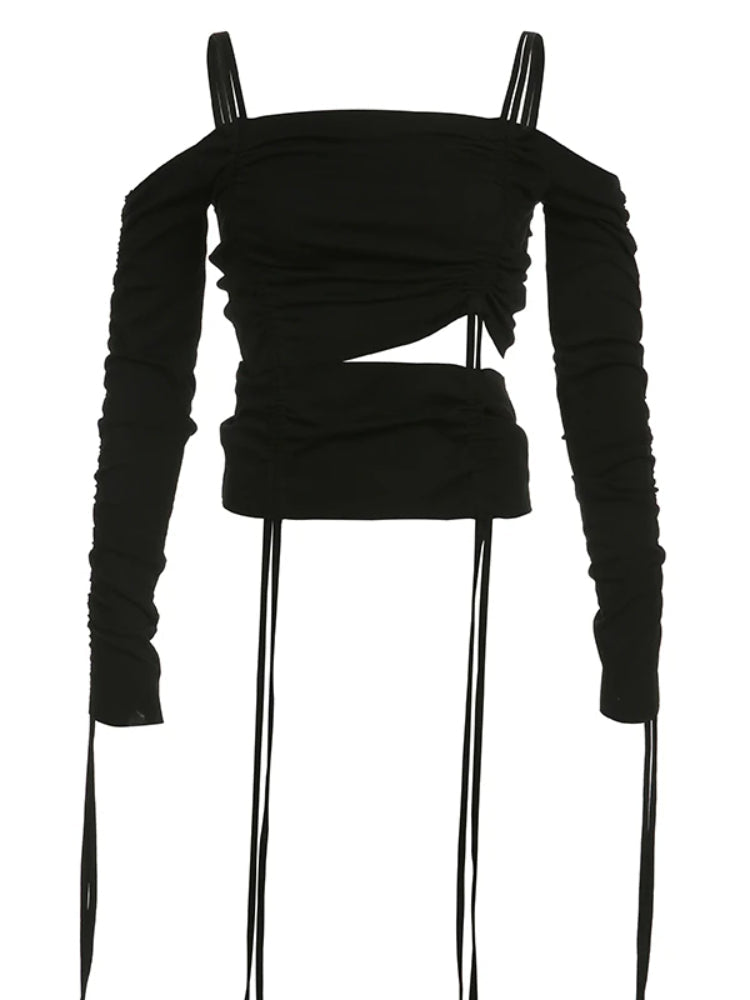 Pydshop Black Drawstring Shirring Off Shoulder Top