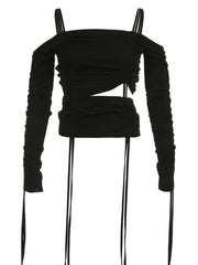 Pydshop Black Drawstring Shirring Off Shoulder Top