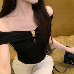 Pydshop Elegant Lady Off Shoulder T-shirt Aesthetic Short Sleeve Tee Shirt Y2K Vintage Women Crop Top Summer Fashion Sexy Tops Clothes