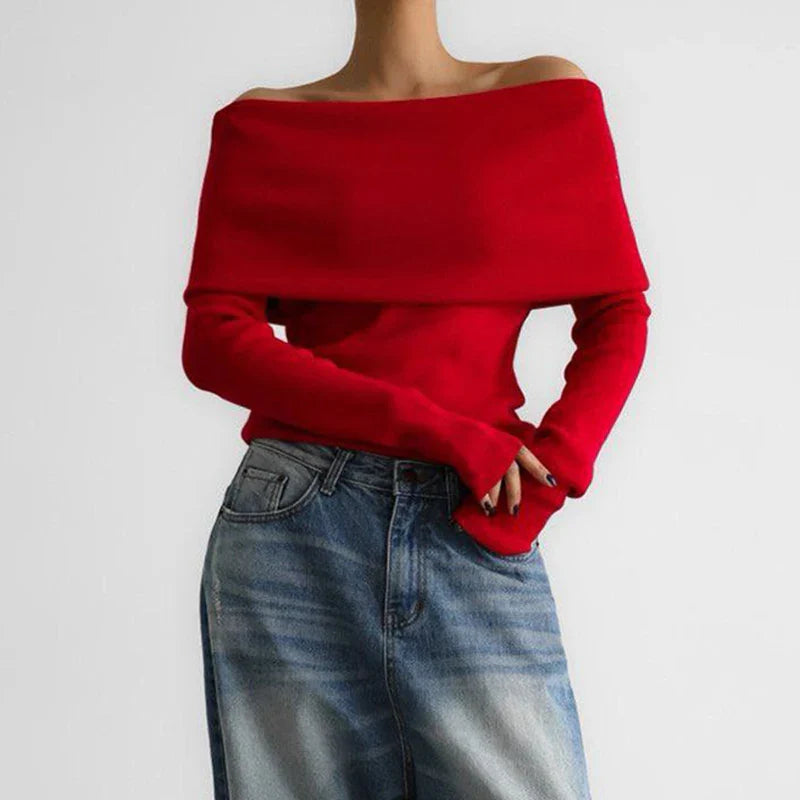 Pydshop Women's Sweater Pullovers Long Sleeve Knitted One-Shoulder Sexy Slim Top Solid Color Autumn Winter  Fashion CasualChristmas Gifts