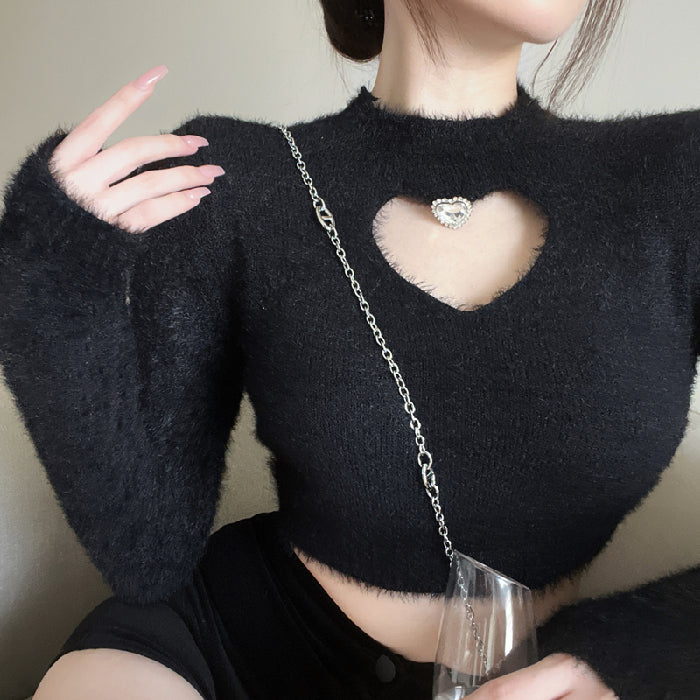 Pydshop 2024 Autumn Winter New Sweater Women's O Neck Diamond-Studded Hollow Love Long Sleeve Slim Short Crop Top