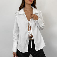 Pydshop Hollow Out Lace Up White Cotton Linen Shirt Women's Long Sleeve Loose Casual Sexy Lapel Cardigan Top Female Summer newChristmas Gifts