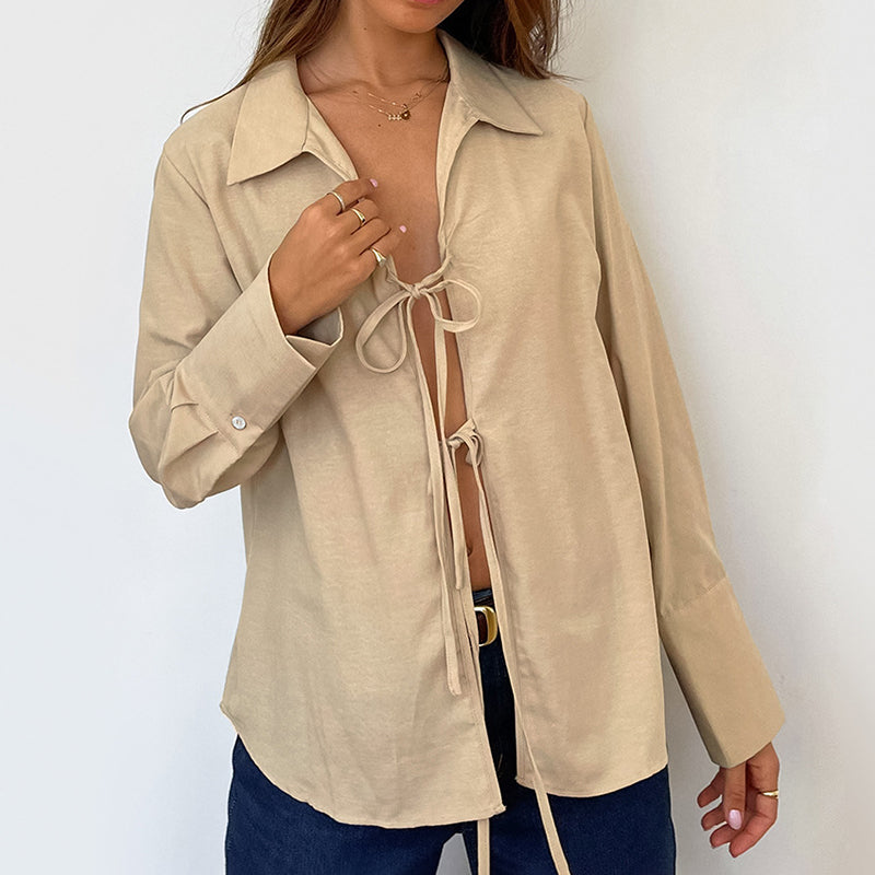 Pydshop Hollow Out Lace Up White Cotton Linen Shirt Women's Long Sleeve Loose Casual Sexy Lapel Cardigan Top Female Summer newChristmas Gifts
