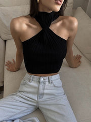 Pydshop Cross-Chest Off-shoulder Knitwear Vest Top For Women Summer Hot Girl Slim Sleeveless Twist Navel Short Top Y2K Pullover