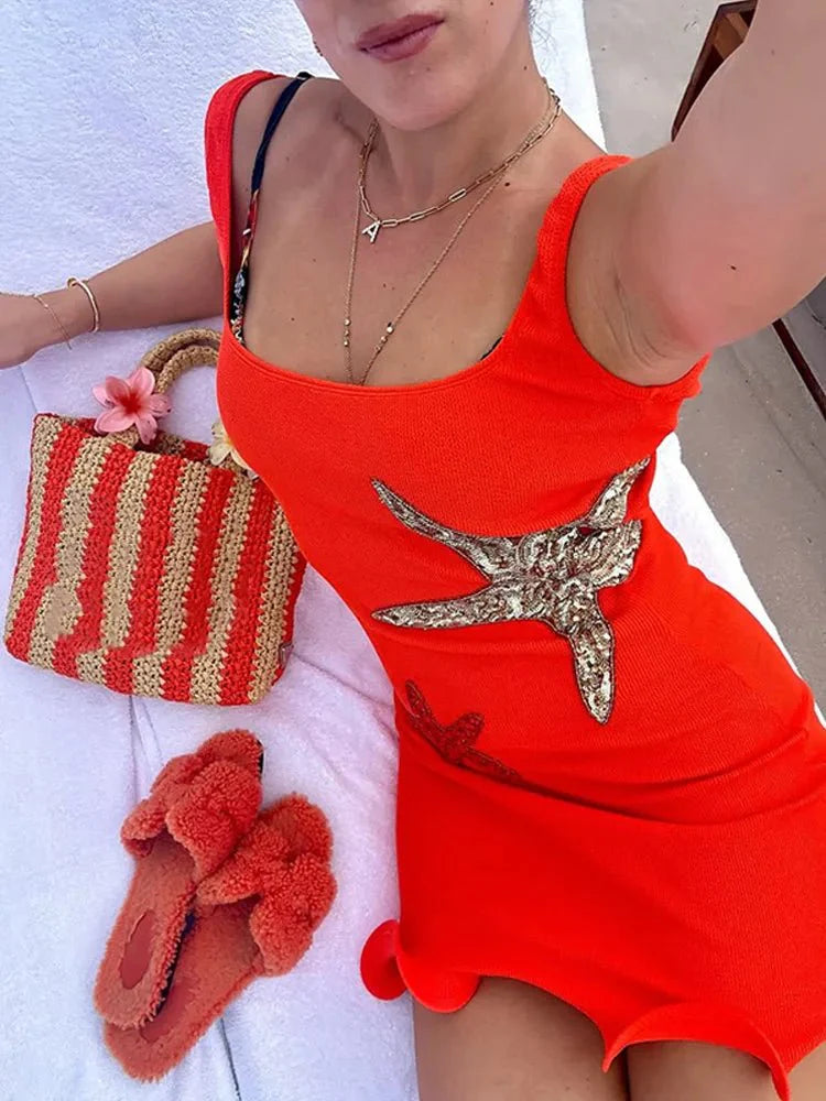 Chic Shinny Starfish Print Mini Dress