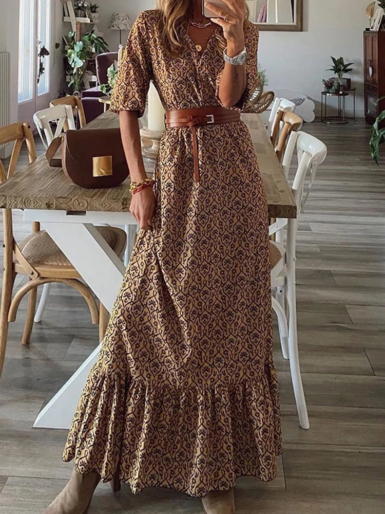 Chic V-Neck Floral Printed Maxi Dress