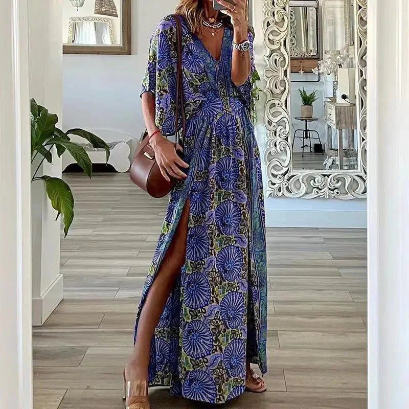 Chic V-Neck Floral Printed Maxi Dress