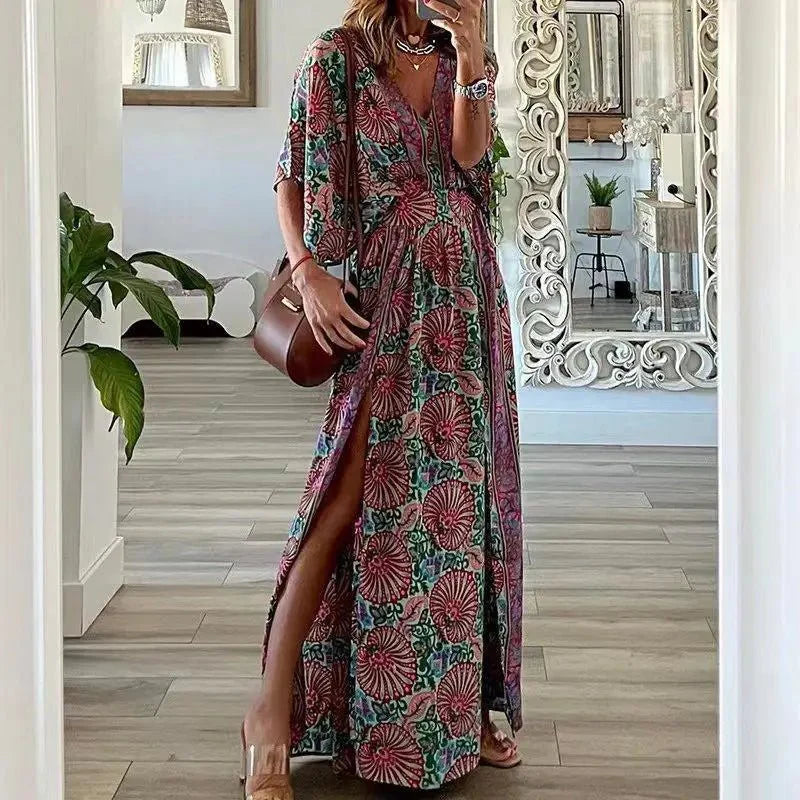 Chic V-Neck Floral Printed Maxi Dress