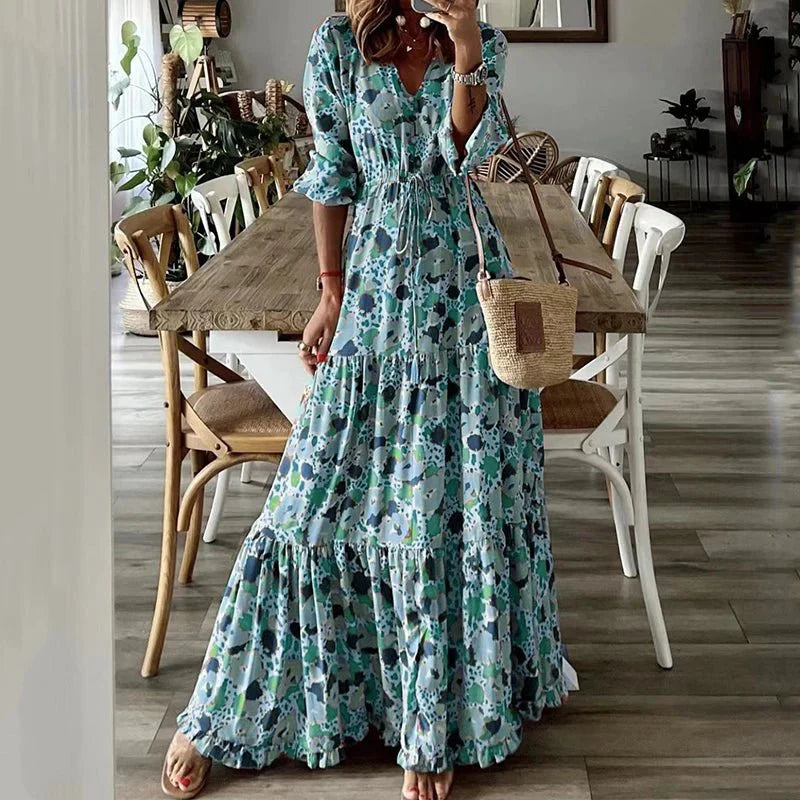 Chic V-Neck Floral Printed Maxi Dress