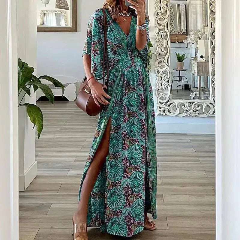 Chic V-Neck Floral Printed Maxi Dress