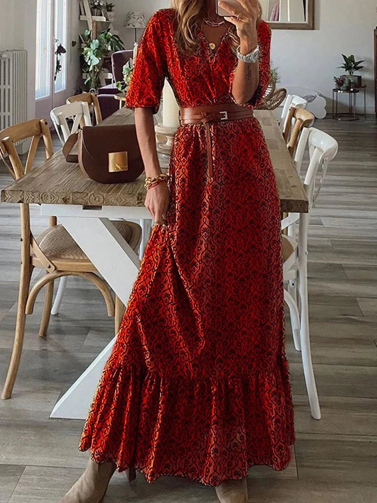 Chic V-Neck Floral Printed Maxi Dress