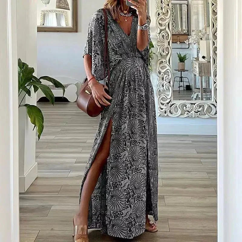 Chic V-Neck Floral Printed Maxi Dress