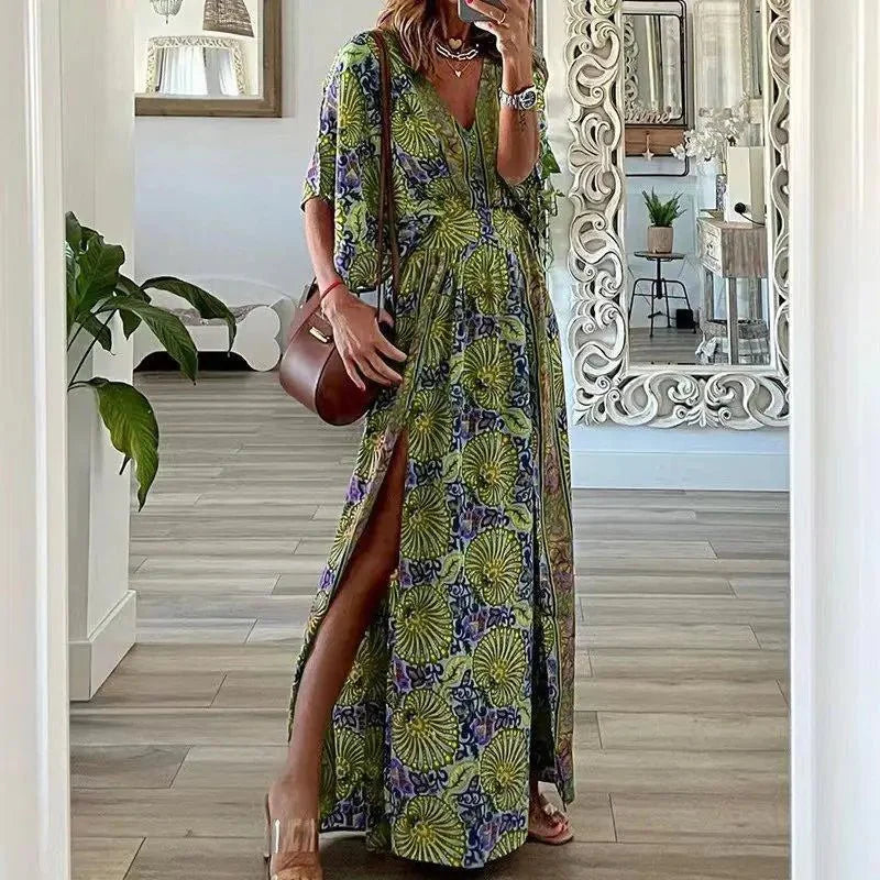 Chic V-Neck Floral Printed Maxi Dress