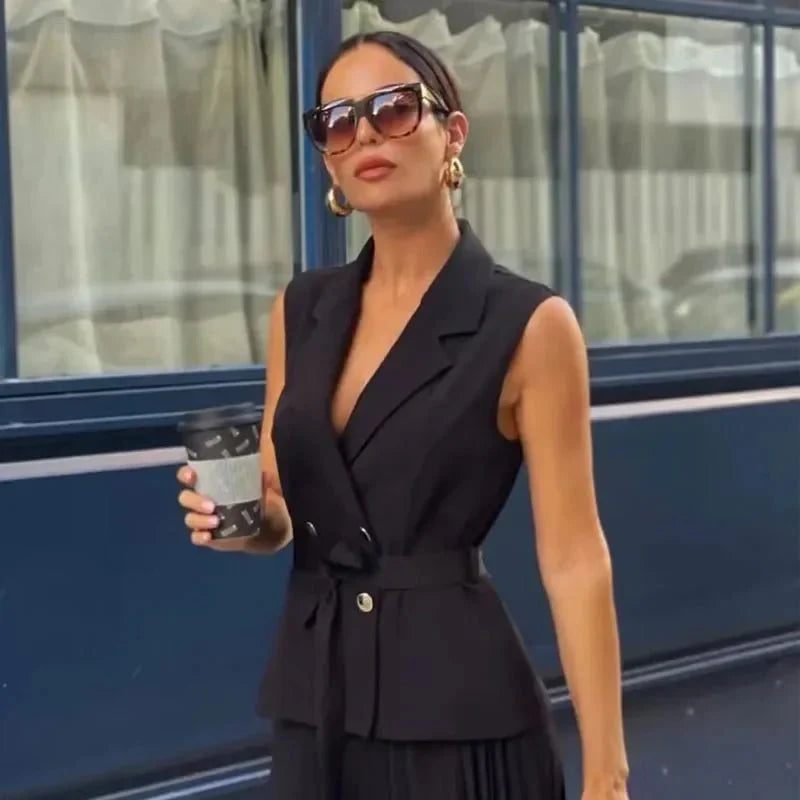 Classy Pleated Black Belted Office Work Dresses
