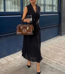 Classy Pleated Black Belted Office Work Dresses