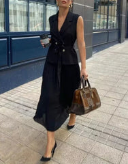 Classy Pleated Black Belted Office Work Dresses