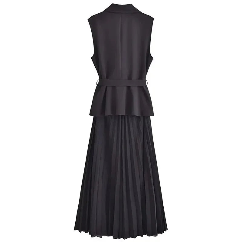 Classy Pleated Black Belted Office Work Dresses
