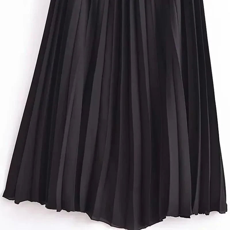 Classy Pleated Black Belted Office Work Dresses