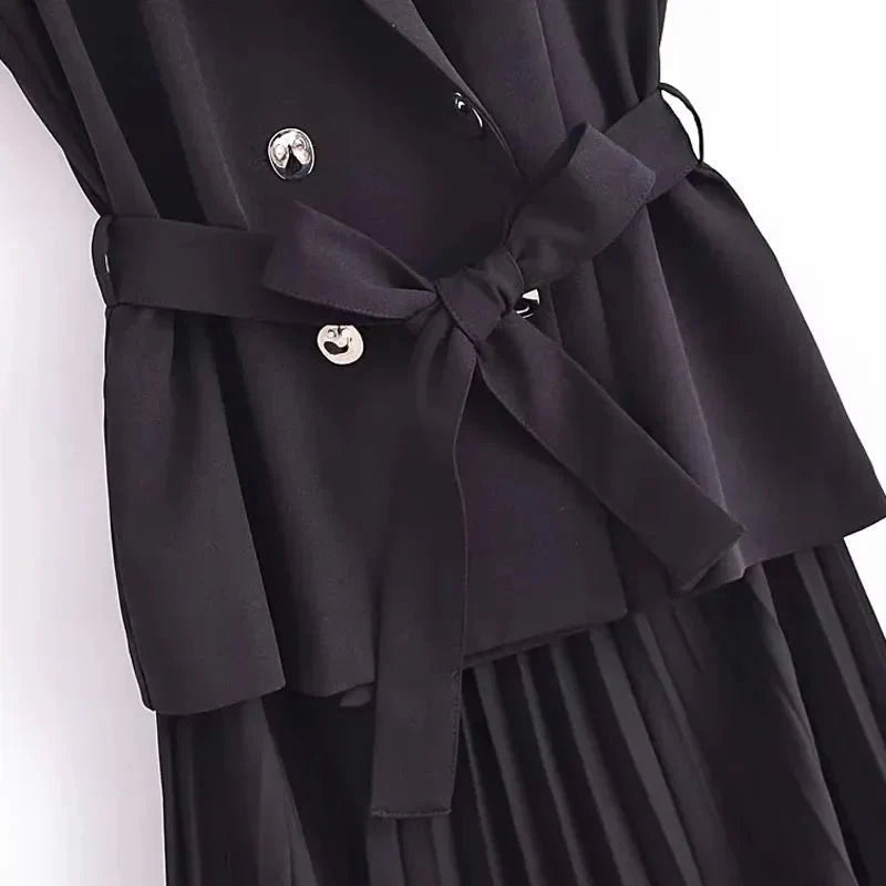 Classy Pleated Black Belted Office Work Dresses