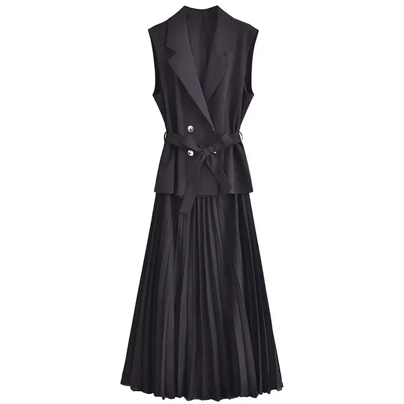 Classy Pleated Black Belted Office Work Dresses
