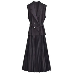Classy Pleated Black Belted Office Work Dresses