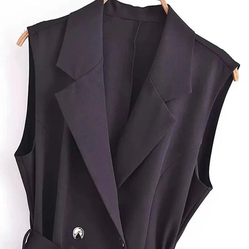 Classy Pleated Black Belted Office Work Dresses