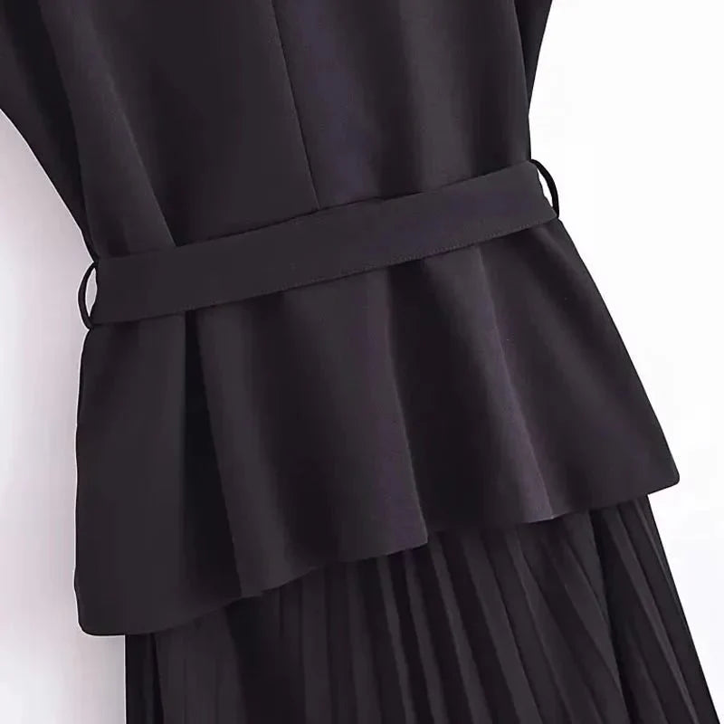 Classy Pleated Black Belted Office Work Dresses