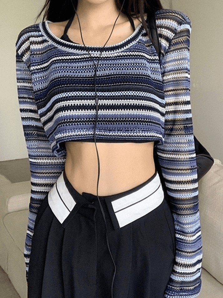 Pydshop Contrast Striped Crochet Knit Crop Top
