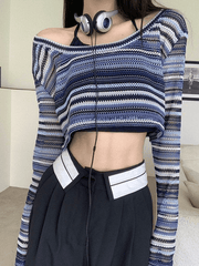 Pydshop Contrast Striped Crochet Knit Crop Top