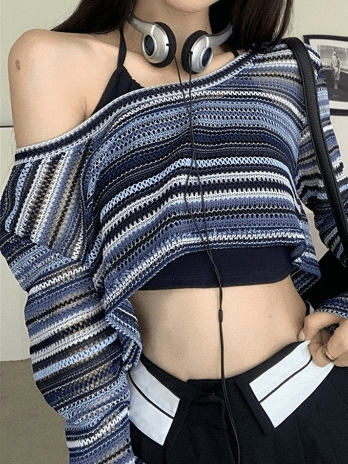 Pydshop Contrast Striped Crochet Knit Crop Top