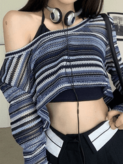 Pydshop Contrast Striped Crochet Knit Crop Top