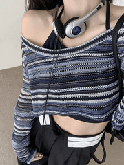 Pydshop Contrast Striped Crochet Knit Crop Top