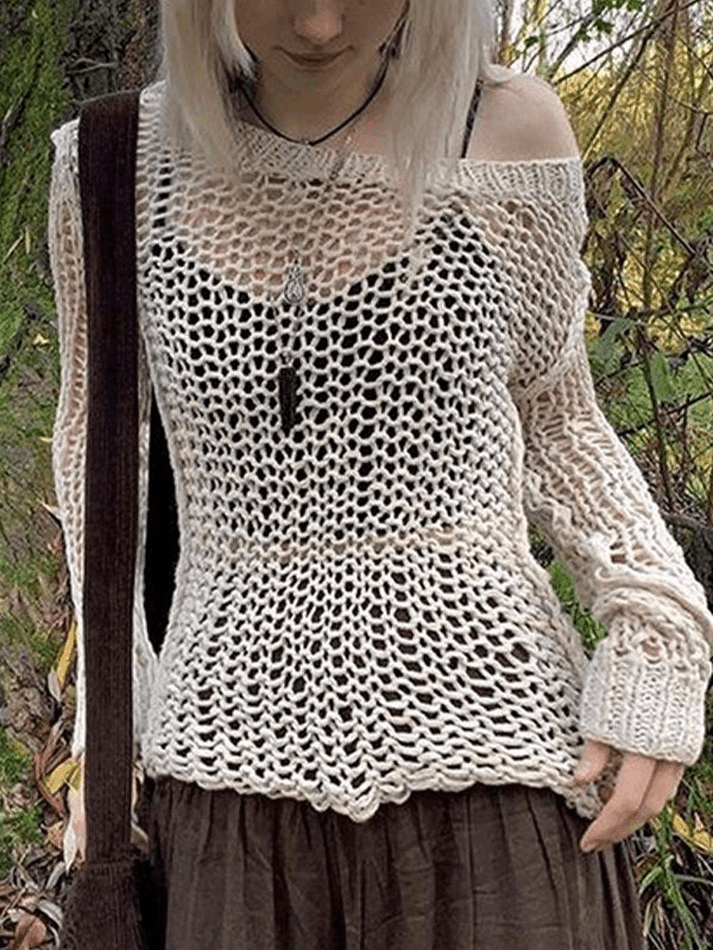 Pydshop Crochet Hollow Long Sleeve Knit Top