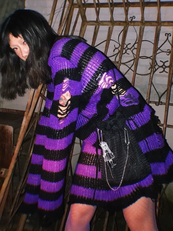 Alternative punk ripped stripes sweater